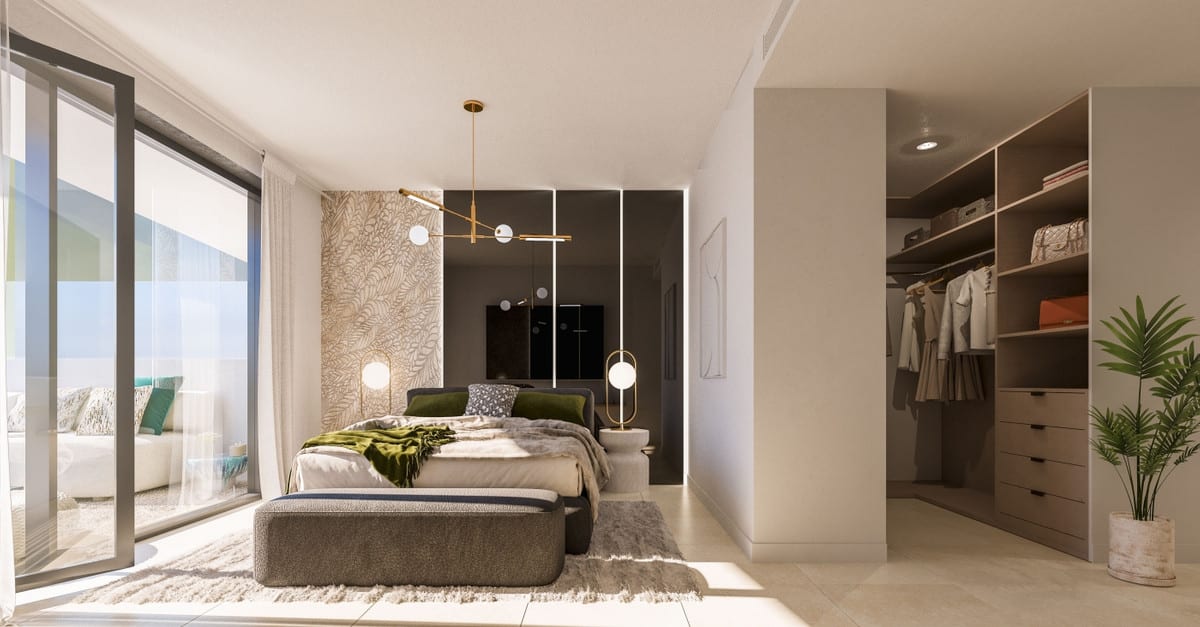 Project visualisation of a bedroom at PURE SUN II with a dark grey upholstered bed, bench at the foot of the bed, glass sliding door, gold pendant light and an open walk-in wardrobe with hanging space and shelves.