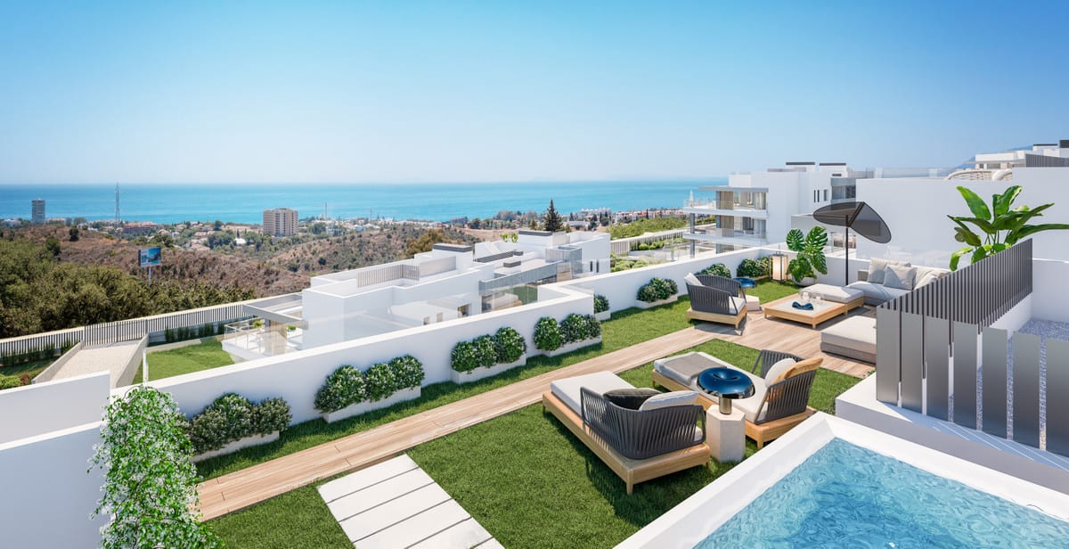 Project visualisation of QUINTESSENCE with a rooftop terrace, seating, a small pool, timber decking and sea views.
