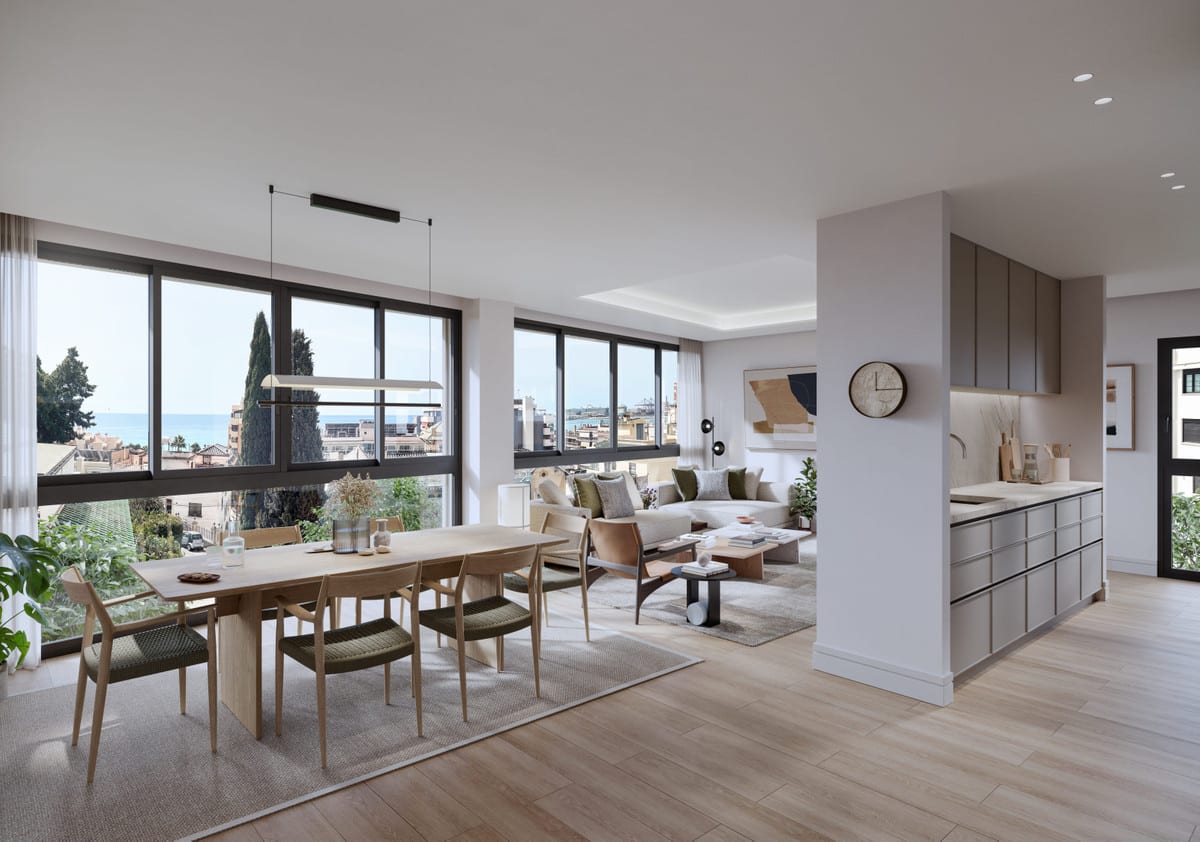 Interior render combining dining, seating and kitchen areas beside broad windows.