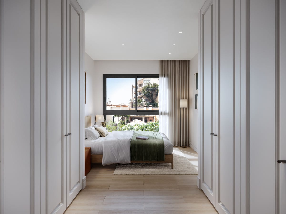 Interior render looking along a passage lined with tall white cupboard doors towards a bright bedroom.