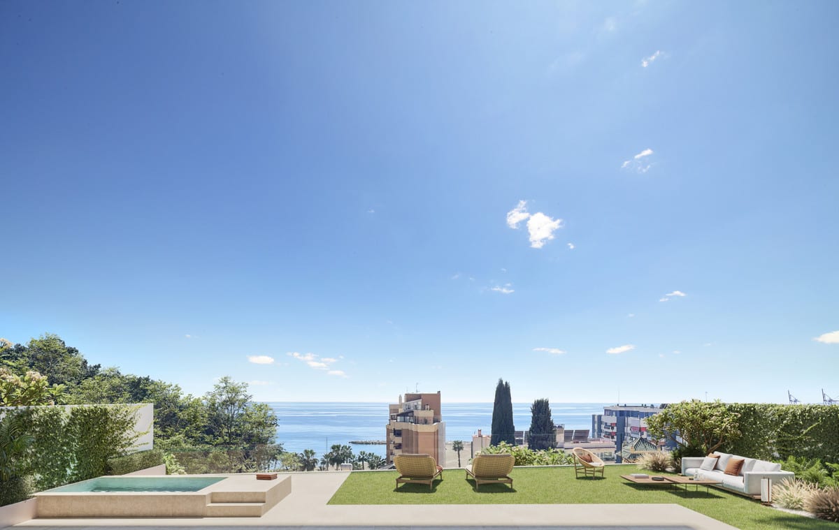 Visualisation of a garden terrace with a small pool, seating and the sea on the horizon.