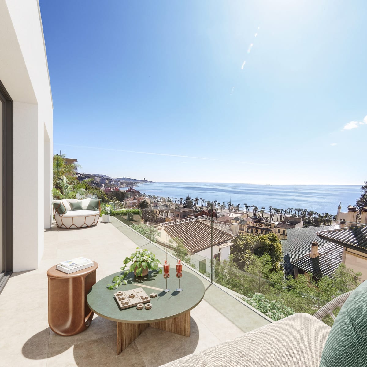 Terrace visualisation with a glass balustrade, tables and views over rooftops towards the coast.