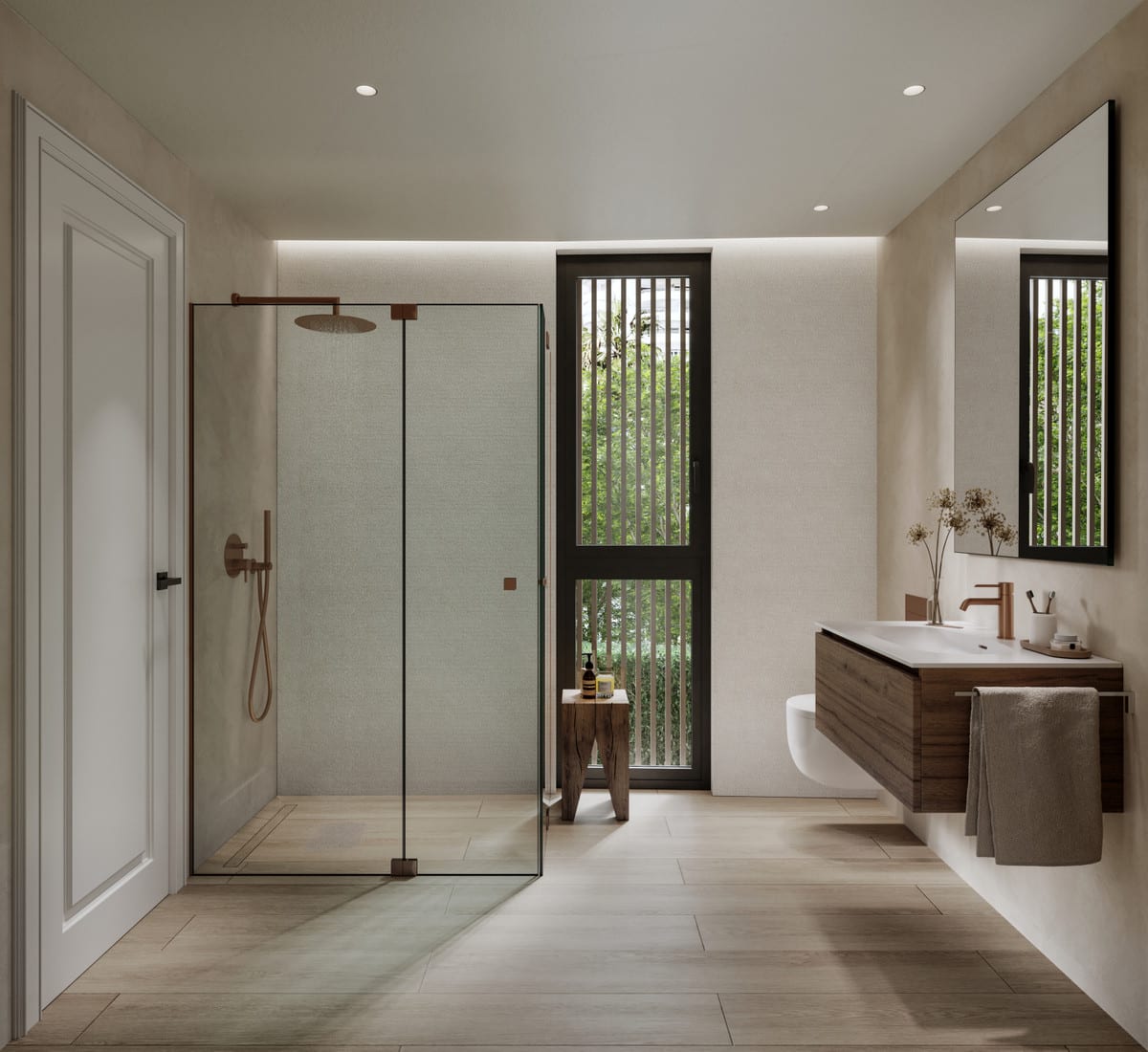 Bathroom visualisation with a glazed shower, basin, wall mirror and tall narrow window.