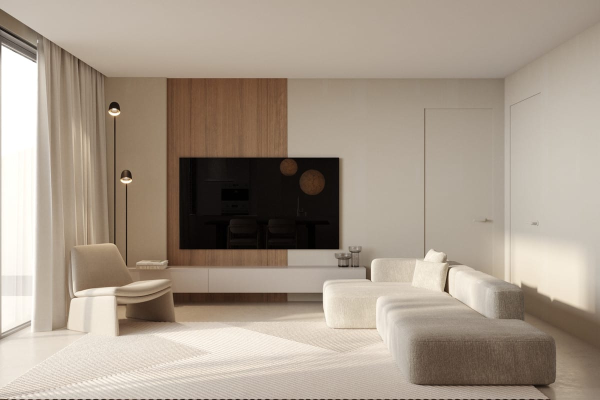 Rendered living room at RAYOS DEL SOL with a cream corner sofa with chaise longue, a separate armchair, striped rug, vertical wooden wall panelling with a television on a white TV unit, and a floor lamp with two spotlights.