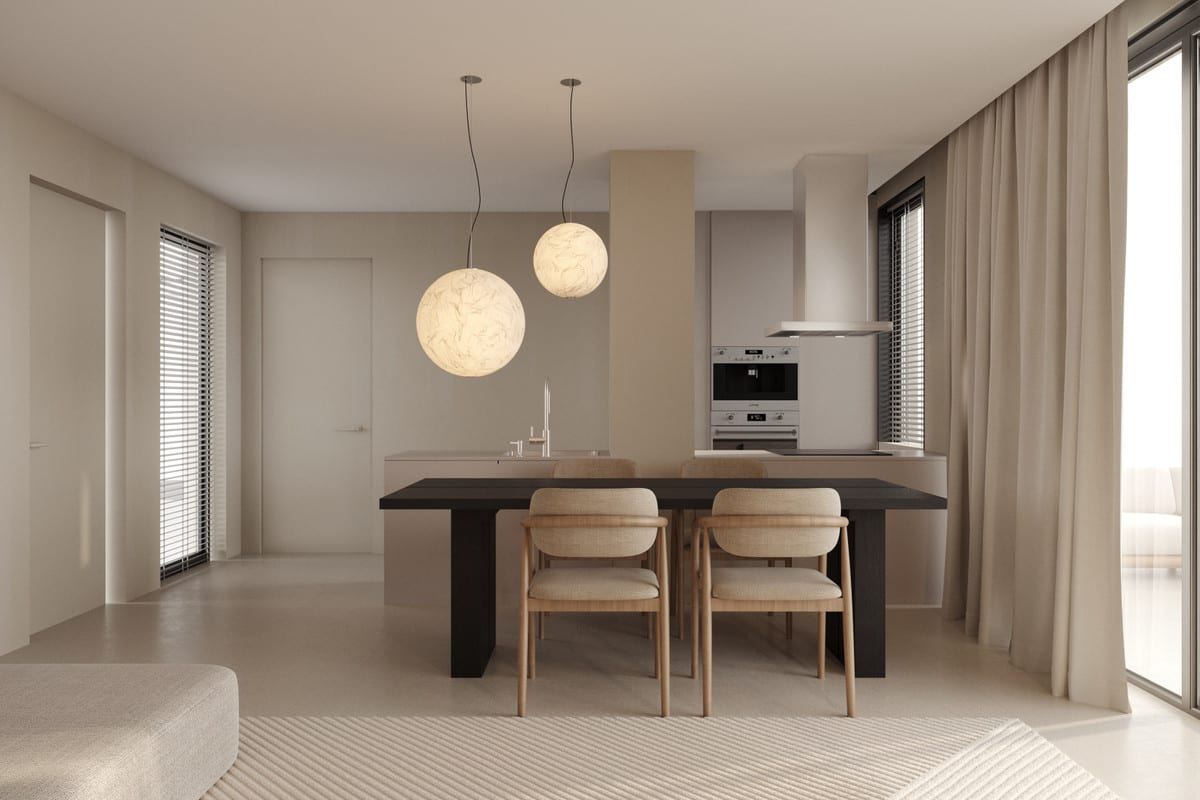 Rendered kitchen and dining area at RAYOS DEL SOL with a dark wooden rectangular dining table, four light wooden chairs, two round globe pendant lights and a kitchen island with extractor hood and integrated appliances.