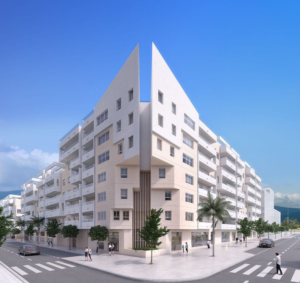 Project visualisation of RESIDENCIAL ALBATROS XIV from a street corner, with light and beige façades, balconies, shopfronts on the ground floor, palm trees and pedestrians on wide pavements.