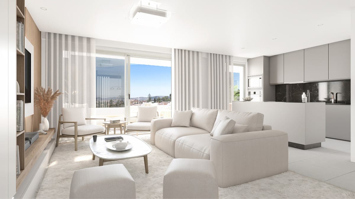 Interior development visualisation of RESIDENCIAL COTO HOMES featuring a bright living room, beige sofa, coffee table, wooden wall unit, open-plan kitchen with grey cabinetry and large sliding glass doors.