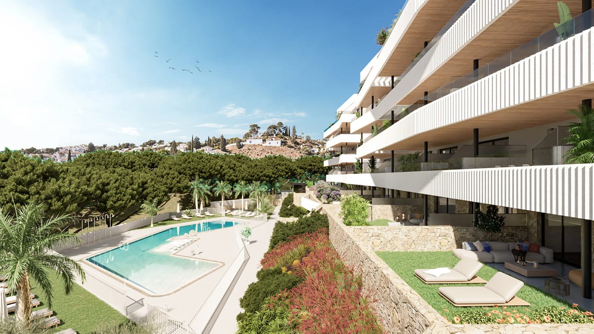 Project visualization of RESIDENCIAL COTO HOMES with white buildings, balconies with white railings, planting and a swimming pool.