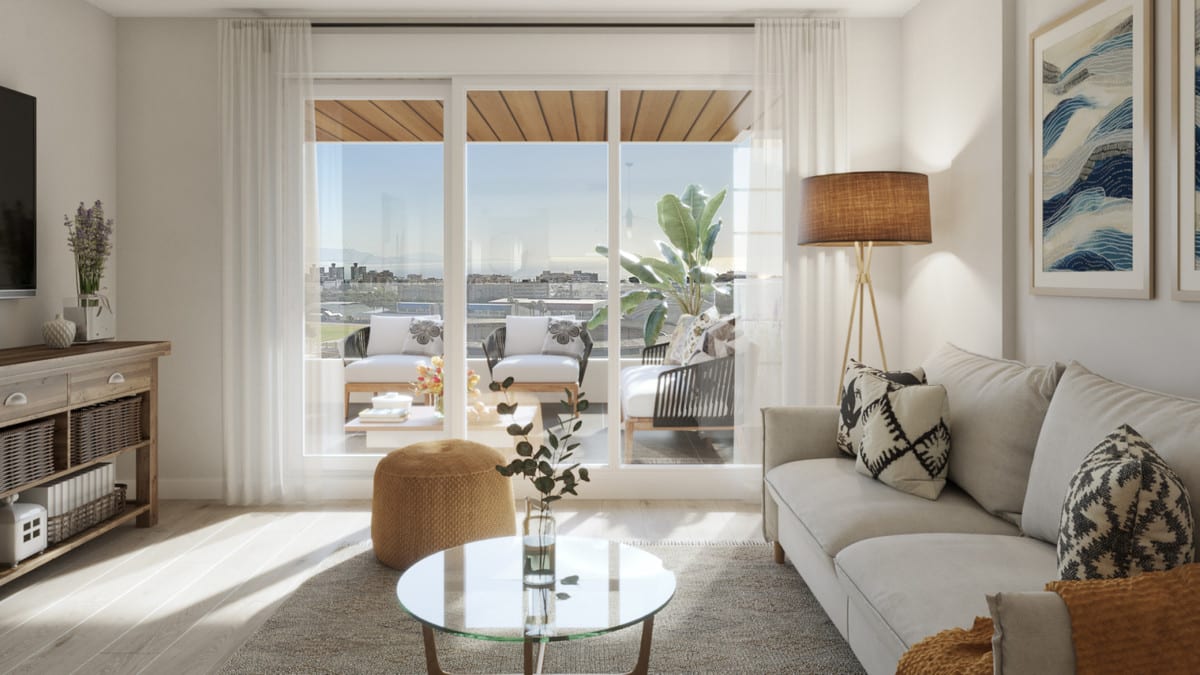 Project visualisation of RESIDENCIAL LIVING GARDENS with a bright living room, fabric sofa, round glass coffee table and sliding doors leading to the terrace.