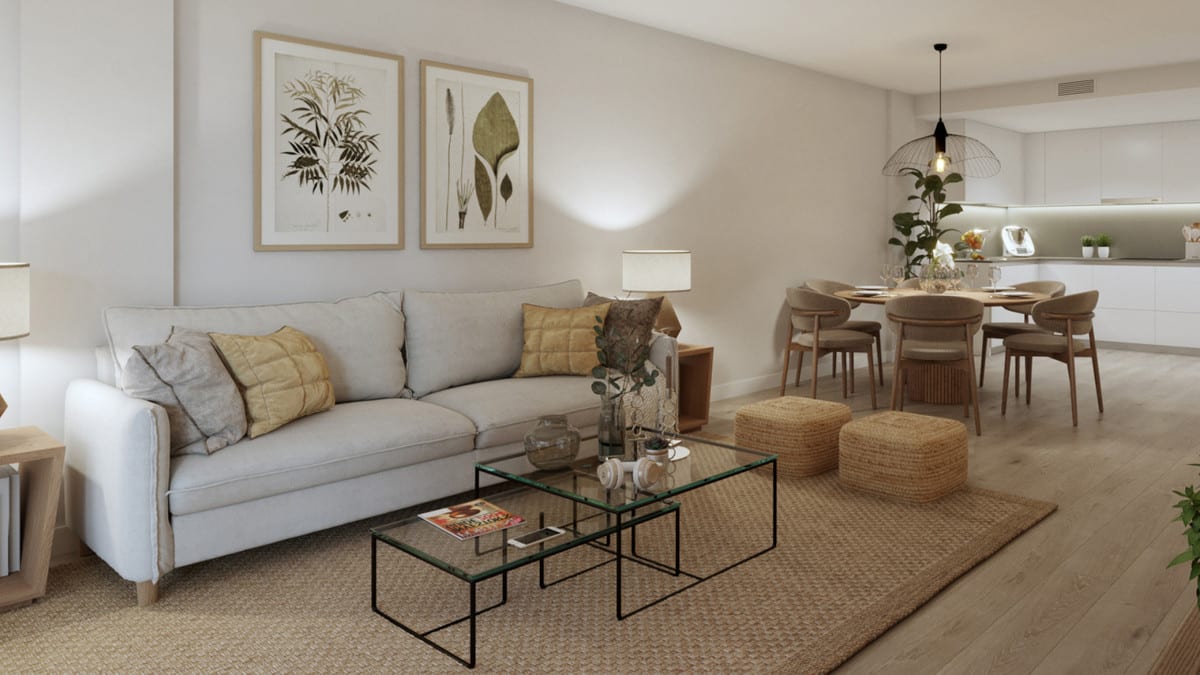 Project visualisation of RESIDENCIAL LIVING GARDENS with an open-plan living space, light fabric sofa, nested glass coffee tables on a jute rug, round dining area and white kitchen in the background.