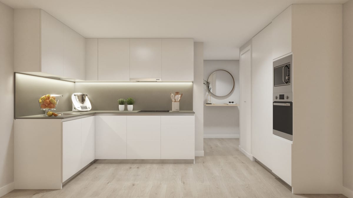 Project visualisation of RESIDENCIAL LIVING GARDENS with a white handleless L-shaped kitchen, taupe worktop, built-in oven and microwave, and light wood-effect flooring.