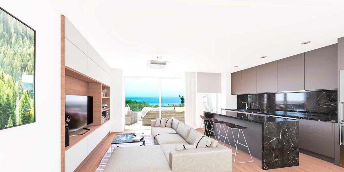 Project visualisation of RESIDENCIAL PACARAIMA - ADOSADO with an open-plan living room, light corner sofa, wooden TV unit and dark kitchen with a marble-look island and sea views.