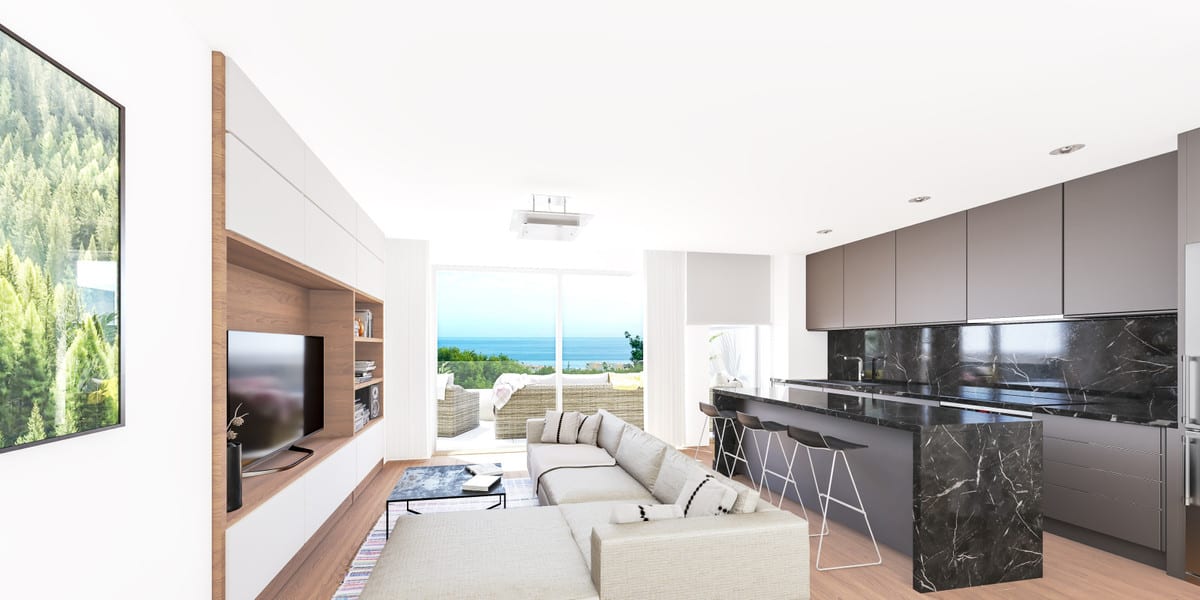 Project visualisation of RESIDENCIAL PACARAIMA featuring an open-plan living room and kitchen, light-coloured sofa, dark kitchen island and glass sliding doors.