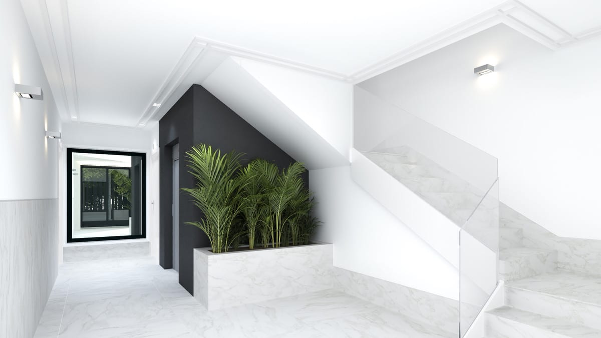 Project visualisation of RESIDENCIAL PACARAIMA featuring a marble-look staircase, solid white stair stringer, planter with palms and dark feature wall.