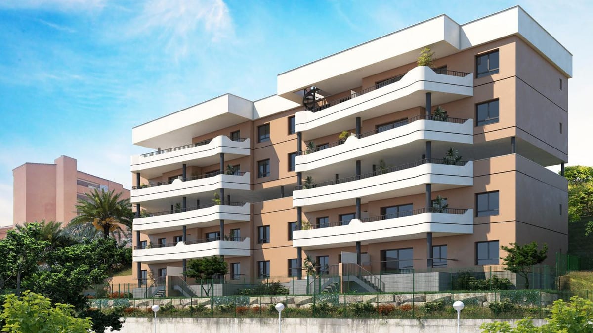 Development visualisation of RESIDENCIAL SUNHILL featuring a multi-storey sand-coloured building, white horizontal balcony edges, dark grey window frames and green planting around the building.