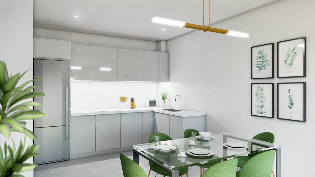 Development visualisation of RESIDENCIAL SUNHILL featuring a kitchen with light grey high-gloss cabinets, white worktops, integrated sink, tall fridge and a glass dining table with four green chairs.
