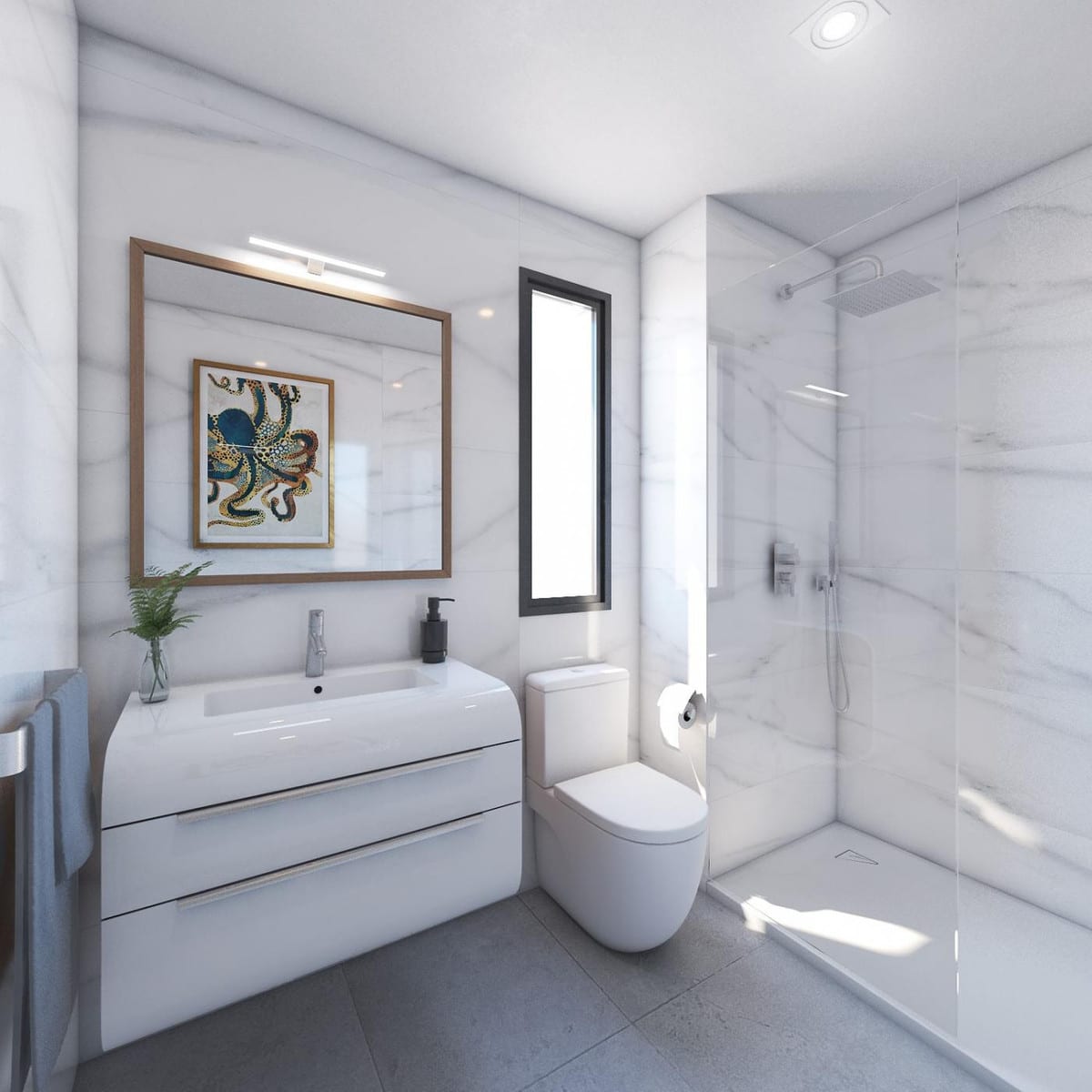 Development visualisation of RESIDENCIAL SUNHILL featuring a bathroom with a white wall-mounted vanity unit, mirror with a wooden frame, toilet, narrow vertical window and a walk-in shower with a glass screen and marble-effect wall tiles.