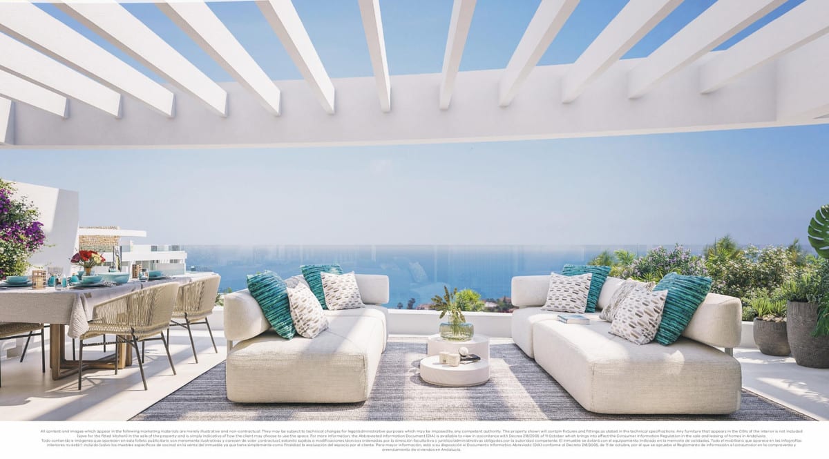 Project visualisation of ROYAL PALMS MIJAS featuring a terrace beneath a white pergola, modular seating area, dining table, planters and sea views.