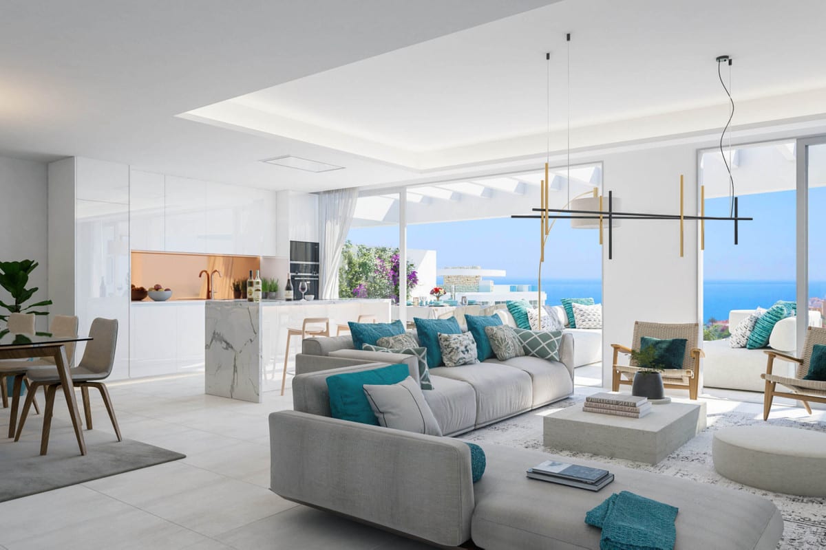 Project visualisation of ROYAL PALMS MIJAS featuring an open-plan living room, dining area, white kitchen with a marble island and sliding glass doors leading to a terrace.