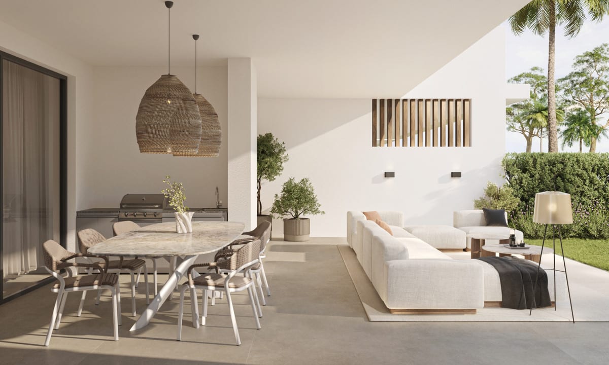 Rendered covered terrace with dining space, a barbecue and lounge seating.