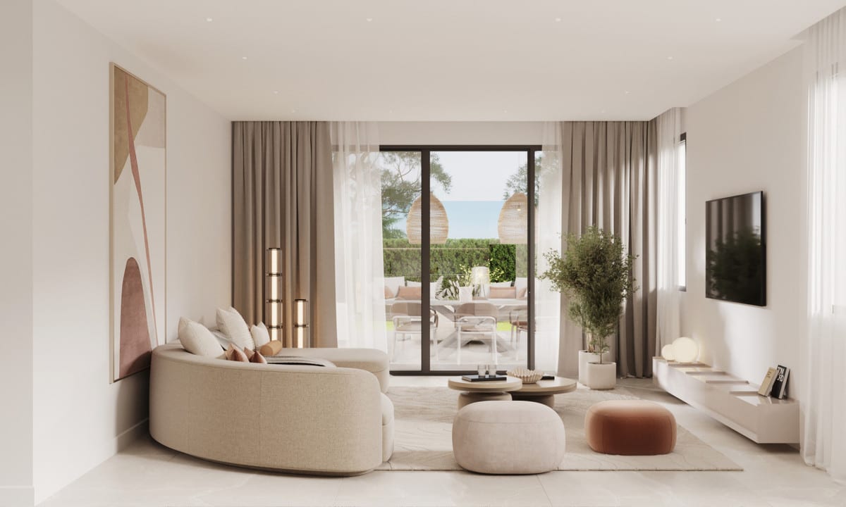 Rendered bright living room opening onto a terrace through wide sliding glass doors.