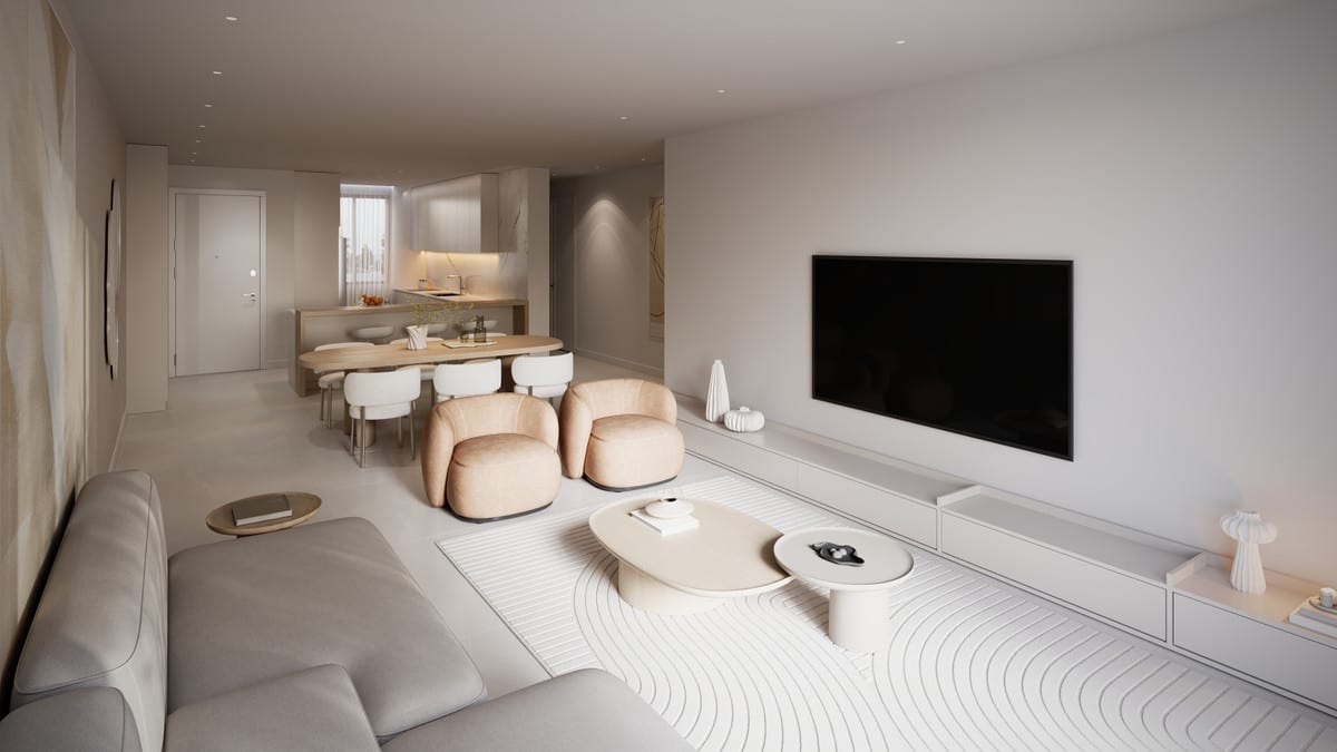Rendered open living space combining seating, dining and kitchen areas.
