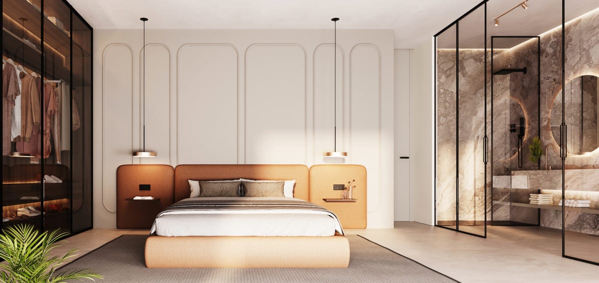 Interior visualisation of SALVIA II featuring an upholstered bed in warm ochre and brown tones, an integrated headboard with side shelves, hanging pendant lights, wall panels, a walk-in wardrobe behind dark-framed glass doors and a bathroom visible behind black-framed glass walls with marble-effect wall tiles.