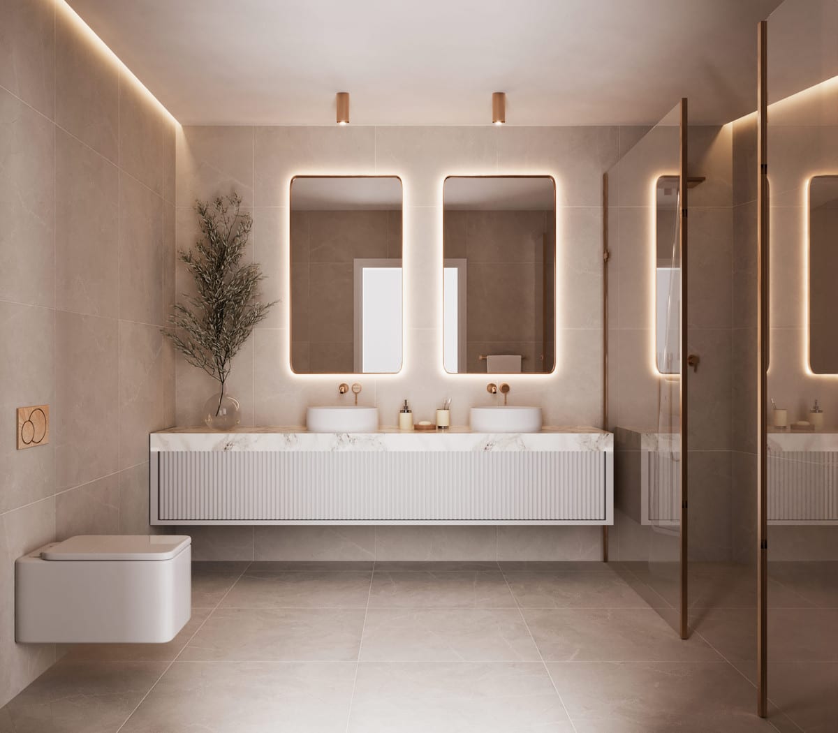 Interior visualisation of SALVIA II featuring a bathroom with two countertop basins on a floating unit with a ribbed white front and marble-effect worktop, two rectangular illuminated copper-framed mirrors, copper wall-mounted taps, a wall-hung WC, large light-beige wall tiles and a glass shower screen.