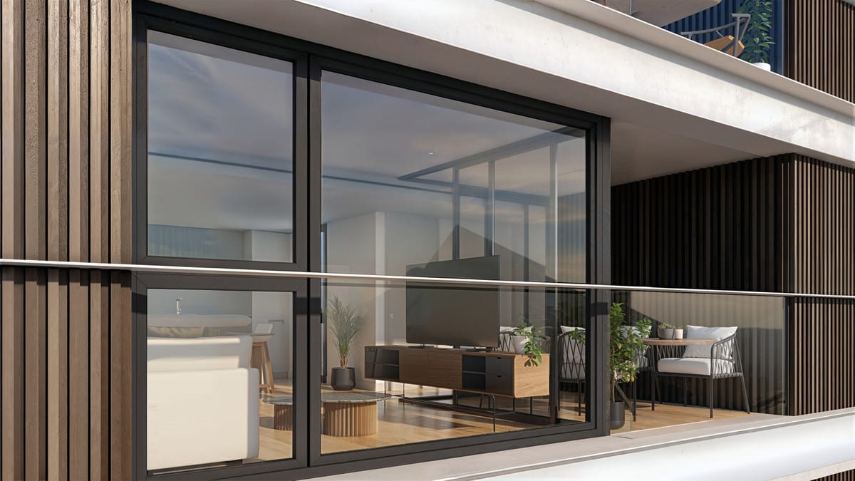 Project visualisation of SAN LORENZO 52 with a balcony featuring a glass balustrade, dark window profiles, vertical wooden façade cladding and outdoor seating to the side.