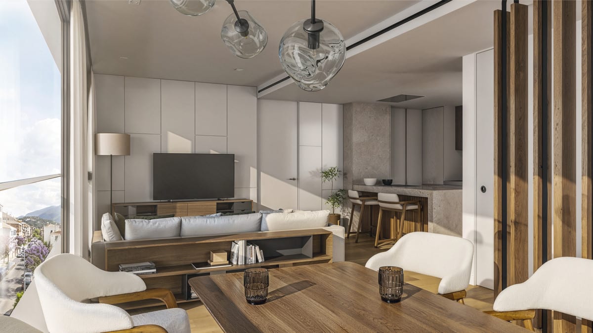 Interior visualisation of SAN LORENZO 52 with a wooden dining table, white armchairs, a sofa, television on a wooden unit, glass pendant lights and a kitchen with dining area in the background.
