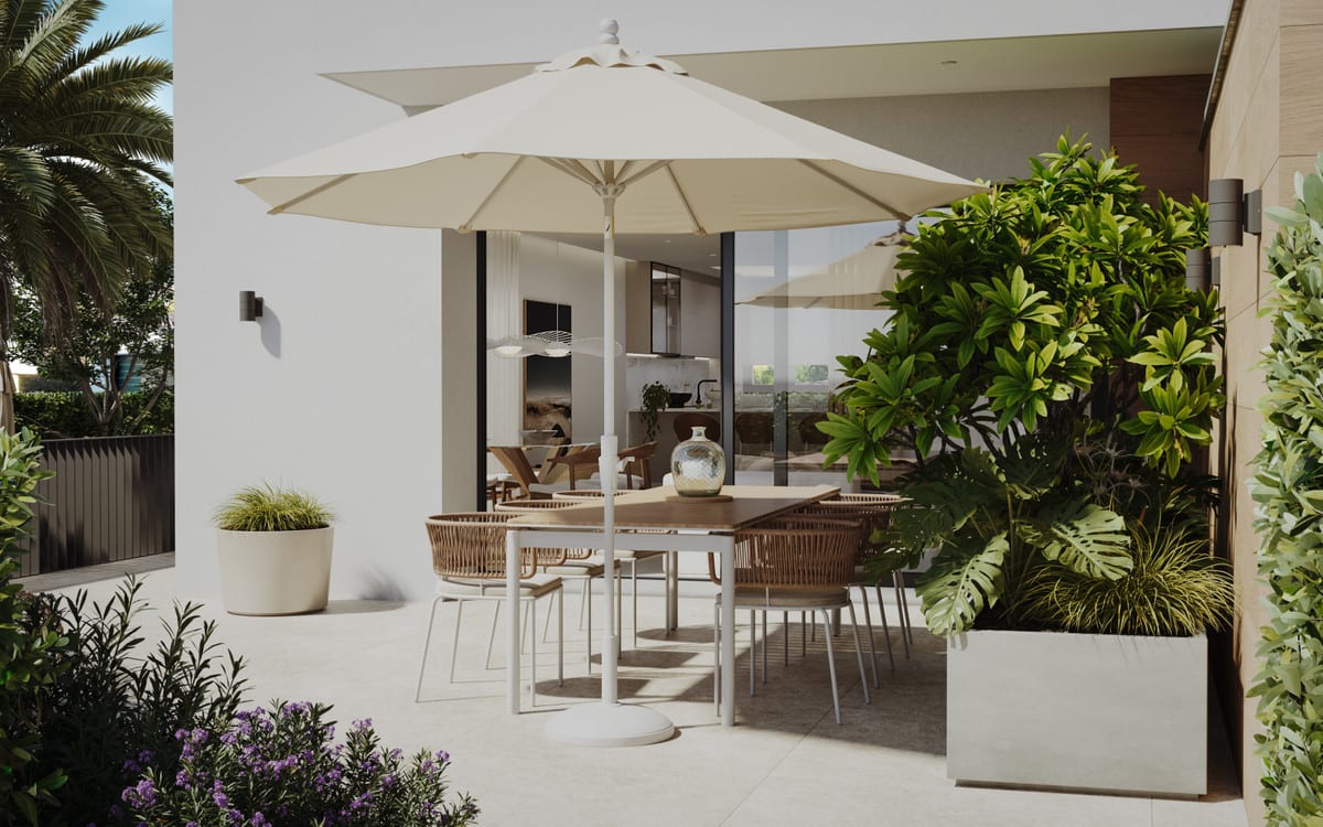 Project visualisation — SANTA AMALIA: Garden terrace with a dining table and parasol.