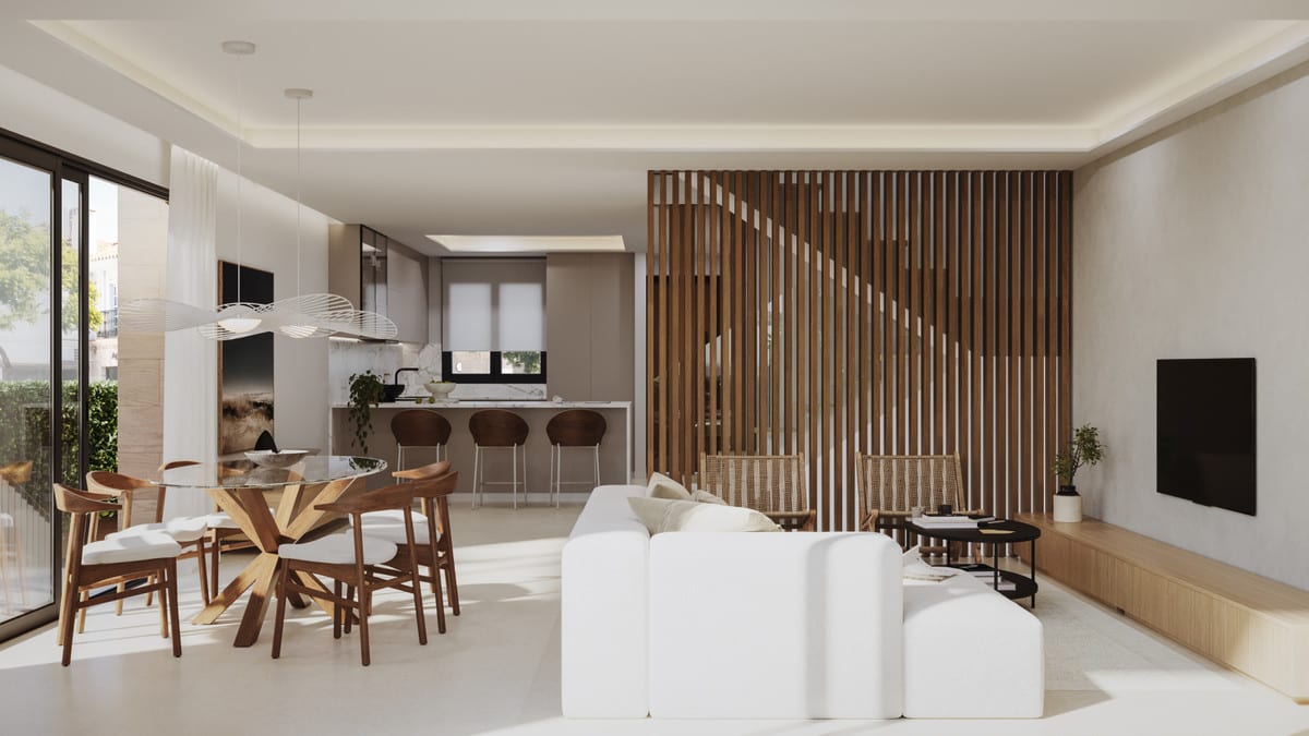 Project visualisation — SANTA AMALIA: Open living and dining room with kitchen and timber screen.