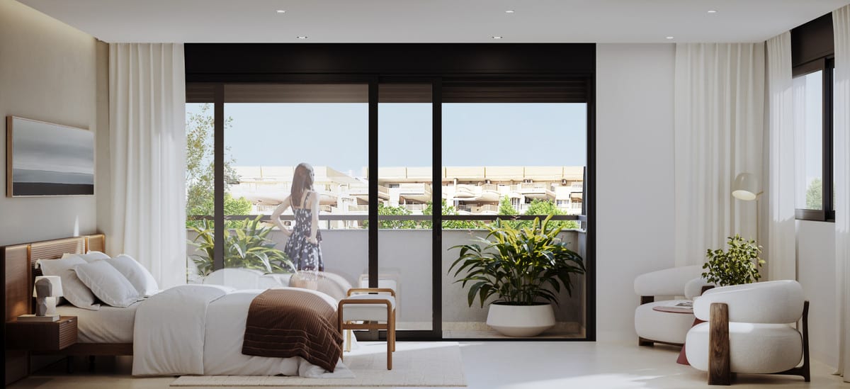 Project visualisation — SANTA AMALIA: Bedroom opening onto a terrace with planting.