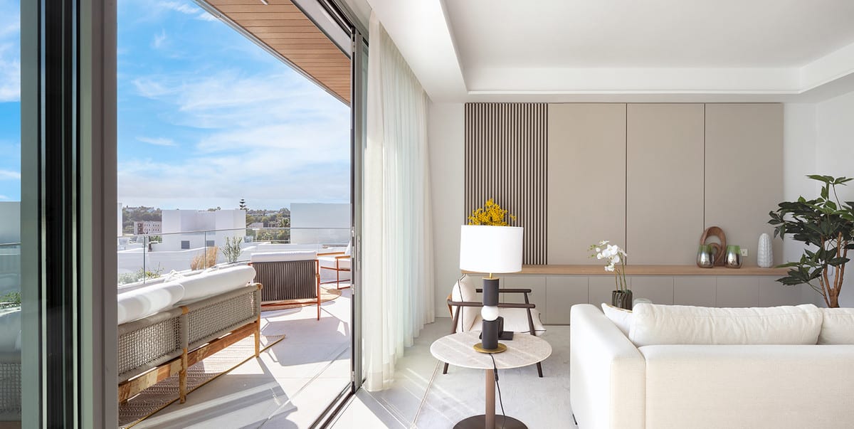 Project visualisation: bright living room with a beige wall unit and wide sliding glass doors opening onto the terrace.