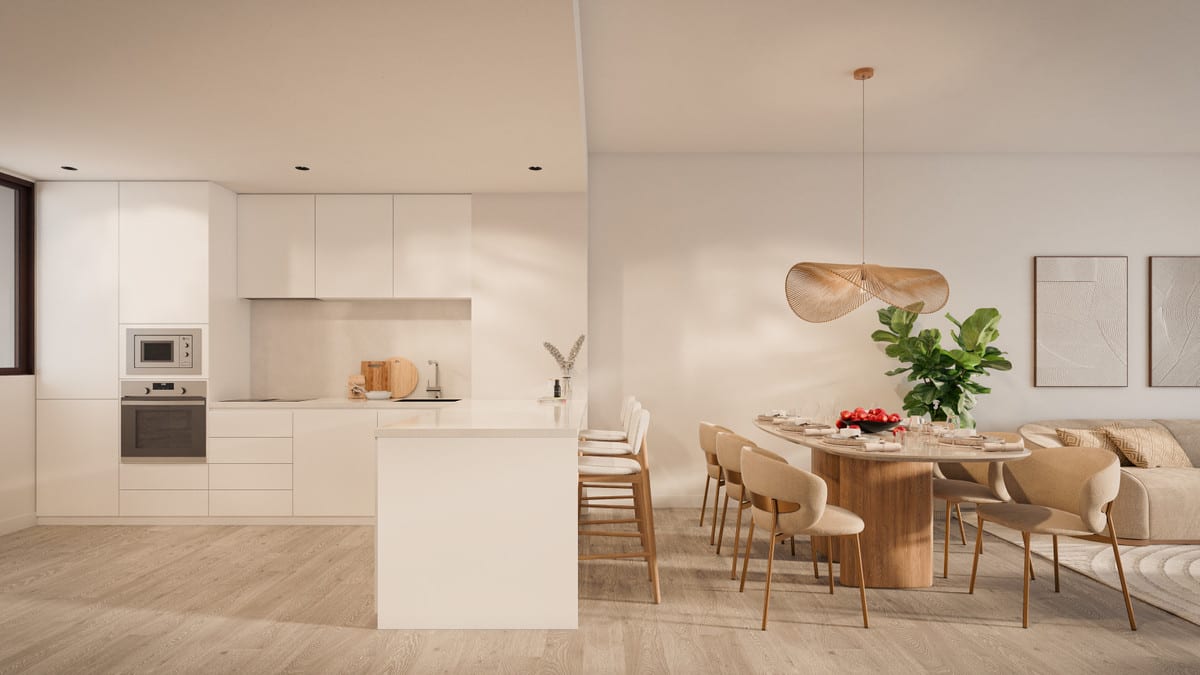 Rendered interior visualisation of SAVIA - FASE 2 with a white kitchen with island, built-in oven and microwave, oval wooden dining table and beige chairs.