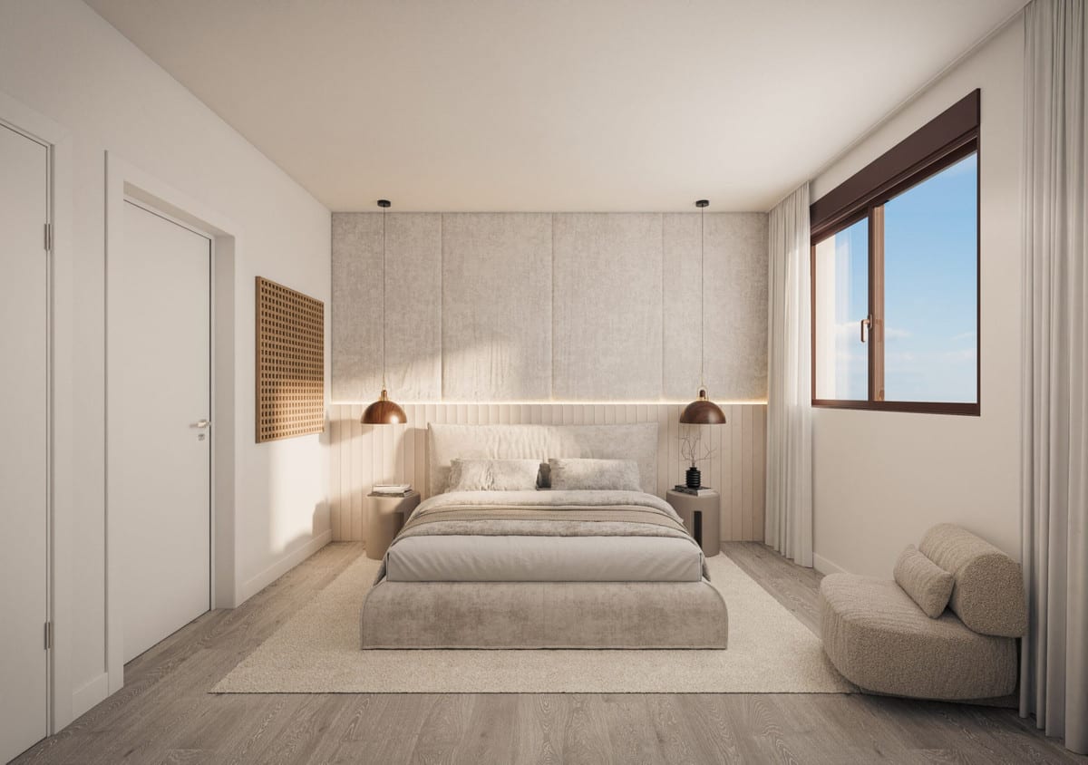 Rendered bedroom interior visualisation of SAVIA - FASE 2 with an upholstered bed, upholstered headboard panel, two copper pendant lights, bedside tables, a small curved bench and a window.