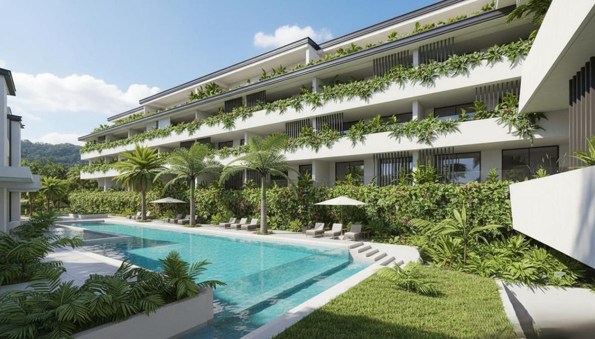 Project visualisation of SENORA GARDENS featuring a long swimming pool, white façades with planted balconies, palm trees, sun loungers and parasols in a lush garden.