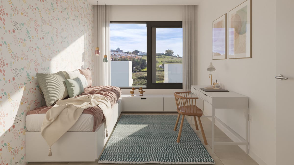 Rendered bedroom visualisation of SERENE ATALAYA - PHASE 1 with a single bed with drawer unit, floral wallpaper, white desk, wooden chair, teal rug and window with outdoor views.