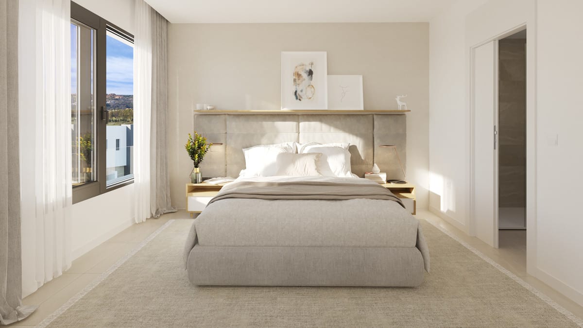 Rendered bedroom visualisation of SERENE ATALAYA - PHASE 1 with a double bed, upholstered headboard with a wooden shelf above, floating wooden bedside tables with lamps, large window with curtains and an open doorway.
