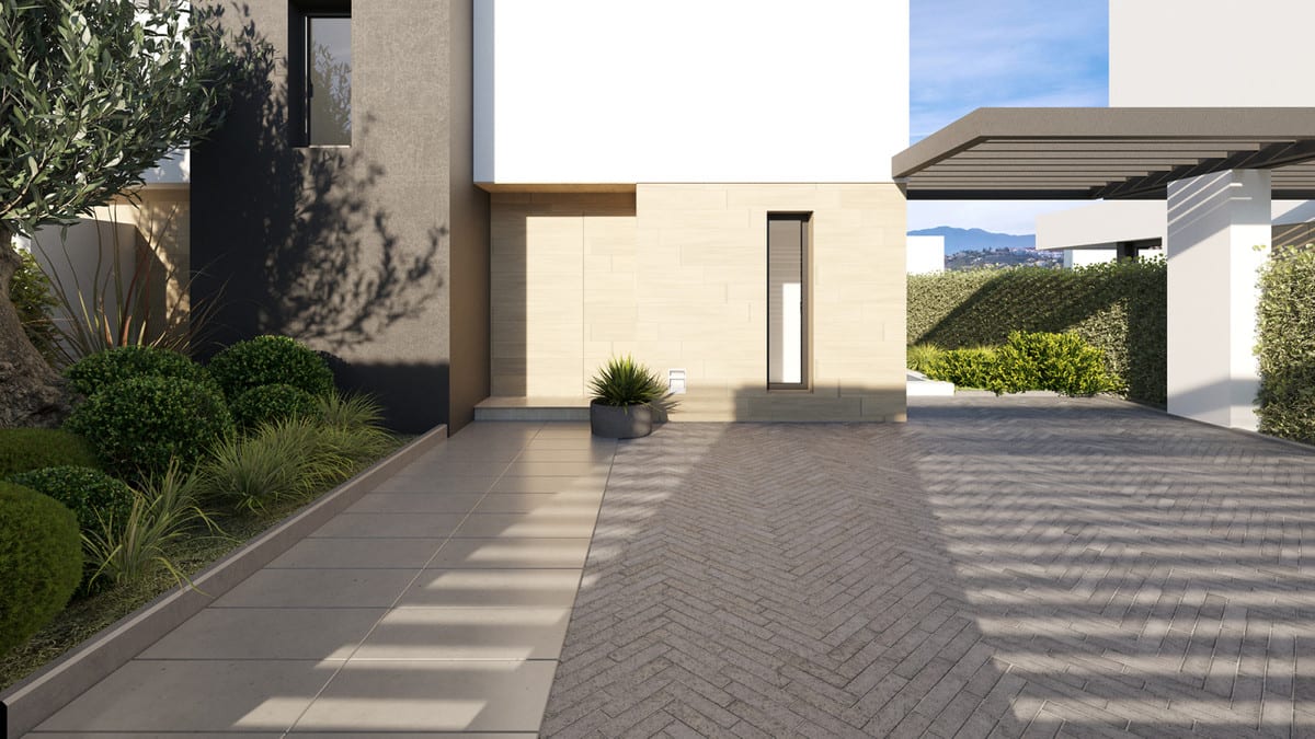 Project visualisation of SERENE ATALAYA II / III featuring an entrance path, a façade in light stone and dark render, planting, and a covered pergola area beside the home.