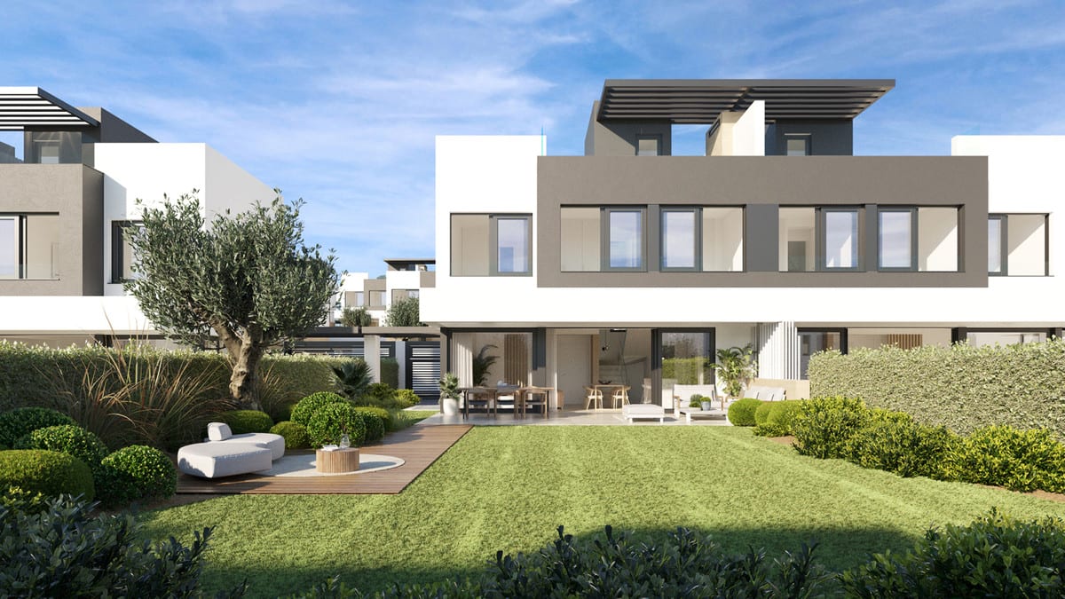 Project visualisation of SERENE ATALAYA II / III featuring a modern façade, large windows, lawn, wooden terrace and garden seating area.
