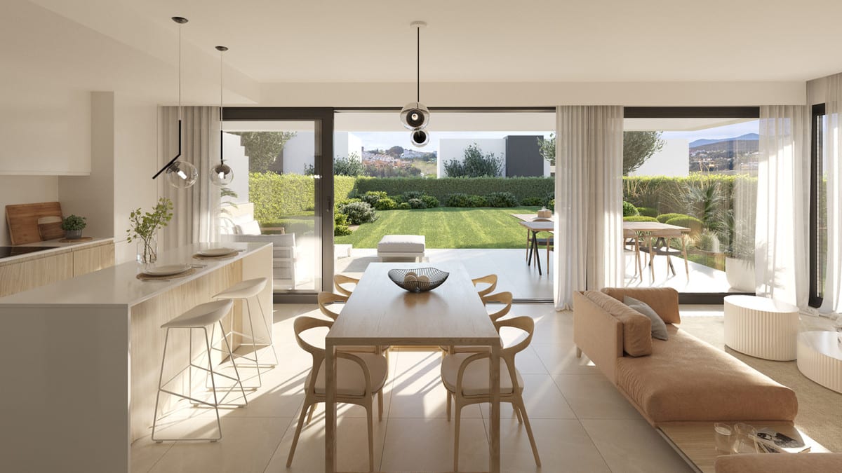 Project visualisation of SERENE ATALAYA II / III featuring an open-plan kitchen, dining table, terracotta-coloured sofa and glass sliding doors leading to a terrace and garden.