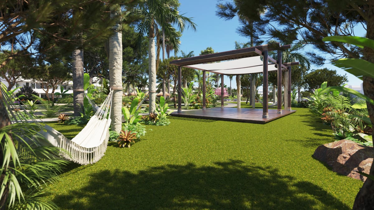 Development visualisation of SERENITY FRONTLINE GOLF HOMES AND BEACH CLUB featuring a hammock between tree trunks and a wooden pergola with a white sunshade on a green lawn.