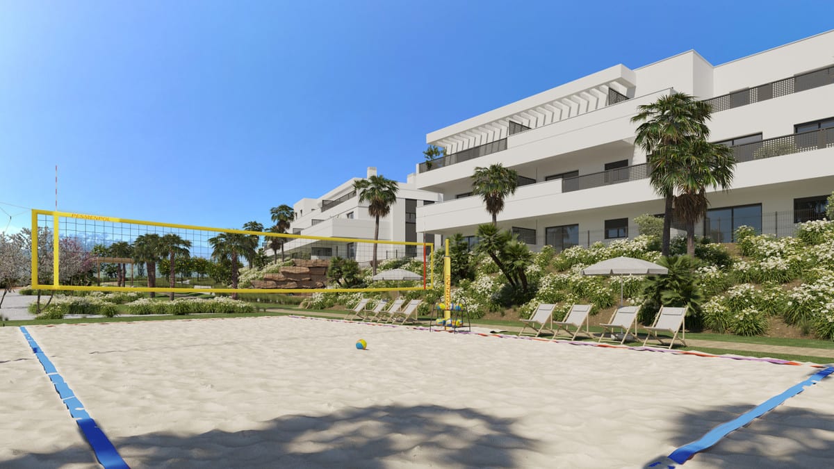 Rendered project visualisation of SERENITY GARDENS with a sand volleyball court, yellow net with blue lines, wooden folding chairs, palm trees and white buildings in the background.