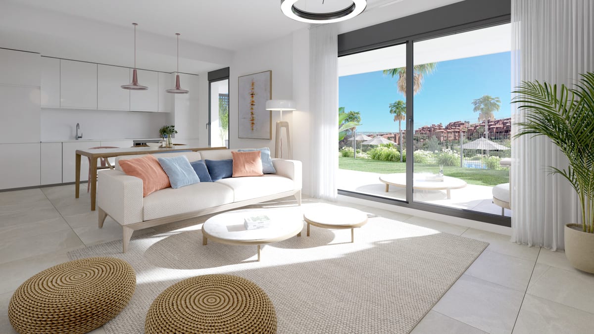 Rendered interior visualisation of SERENITY GARDENS with a white sofa, round coffee tables, woven pouffes, an open white kitchen, a round pendant light and a sliding glass door to a terrace with garden.