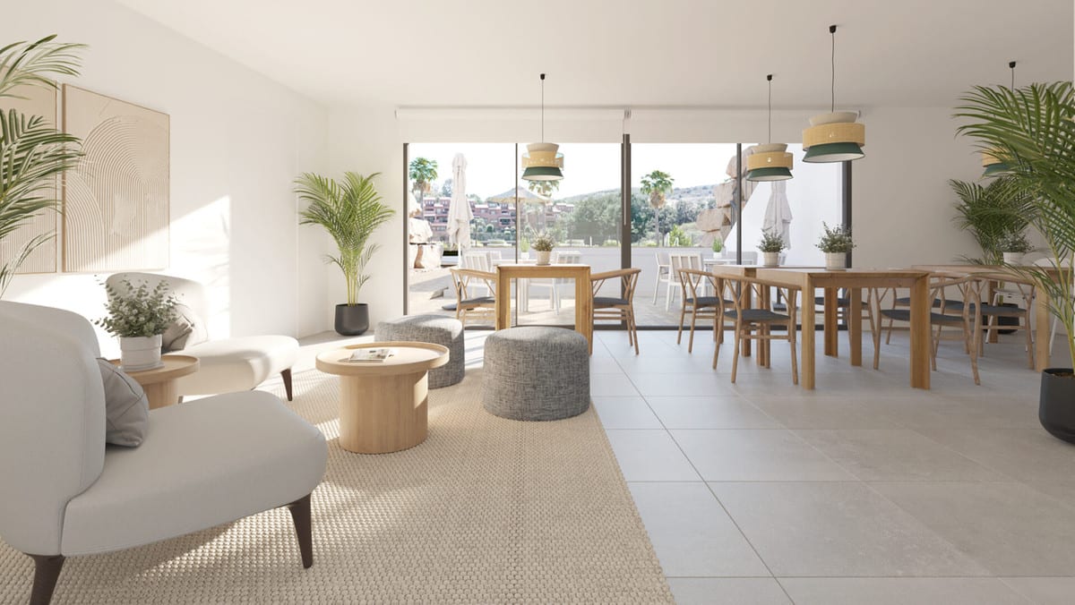 Rendered interior visualisation of SERENITY GARDENS with white armchairs, a round wooden coffee table, grey pouffes, a long wooden dining table with chairs, yellow-green pendant lights and sliding glass doors to a terrace.