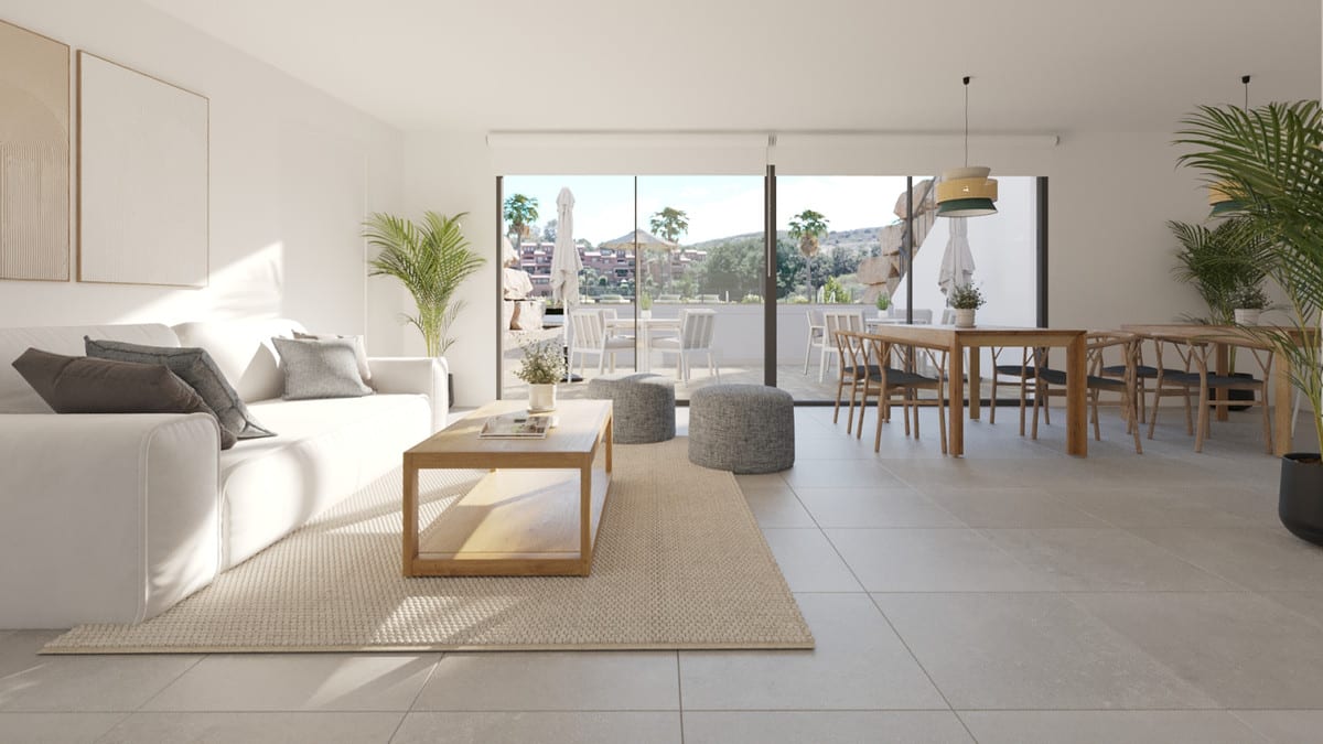 Rendered interior visualisation of SERENITY GARDENS with a white sofa with grey cushions, a rectangular wooden coffee table, grey pouffes, a wooden dining table with chairs and two sliding glass doors to a terrace.
