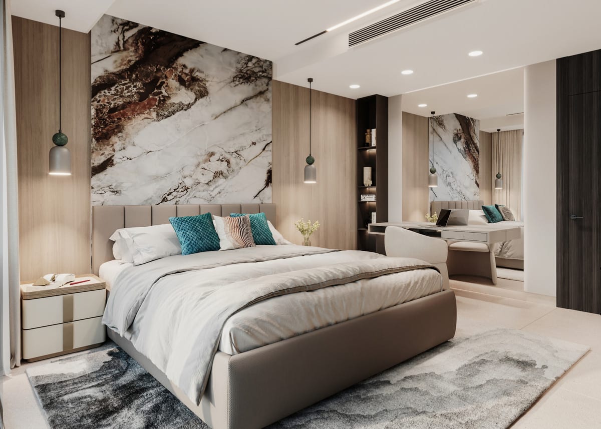 Rendered bedroom interior visualisation of SERENITY HILLS with an upholstered double bed, a large white marble wall panel with brown and rust-coloured veining, wooden wall cladding, hanging pendant lights and a mirror reflecting a desk in the background.