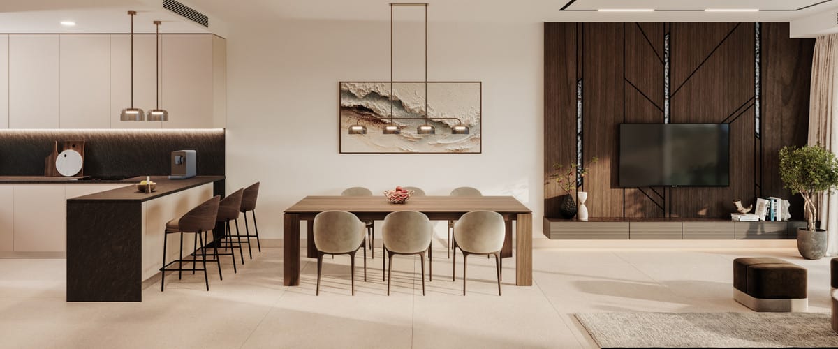 Rendered interior visualisation of SERENITY HILLS with a kitchen island with a dark stone worktop and bar stools, a large wooden dining table with upholstered chairs, pendant lighting and a large television mounted on a dark wooden wall panel with a geometric pattern.