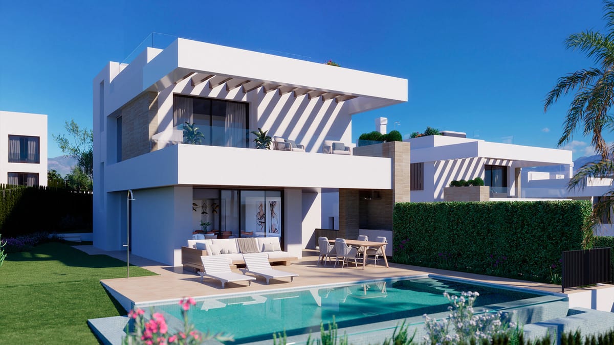 A sunny exterior visualisation of SEVEN DIAMONDS with horizontal louvres shading the upper floor and a furnished terrace beside the pool.